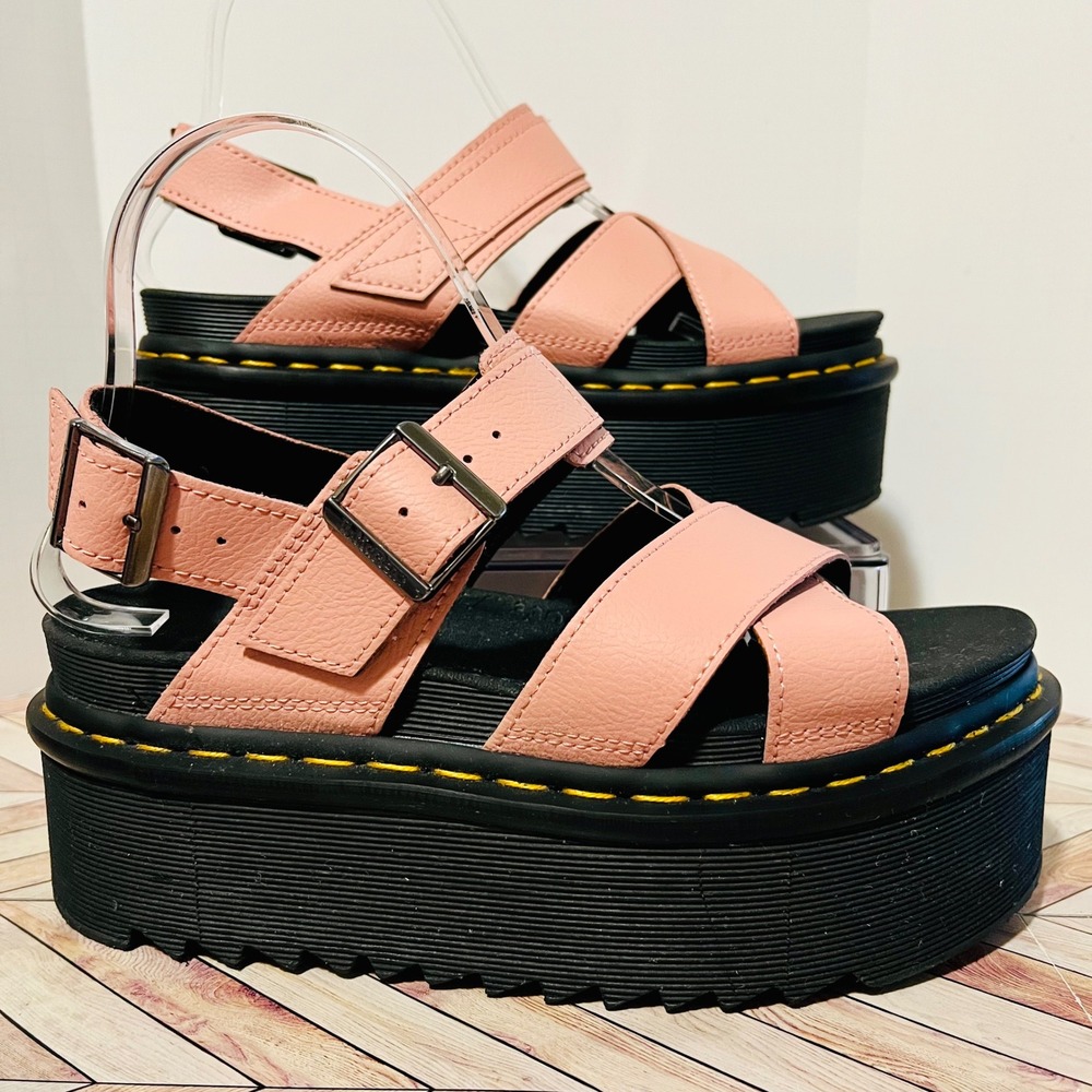 Dr Martens Voss II Athena Peach Beige Leather Women 7 Sandals Strap Platform - Picture 2 of 11
